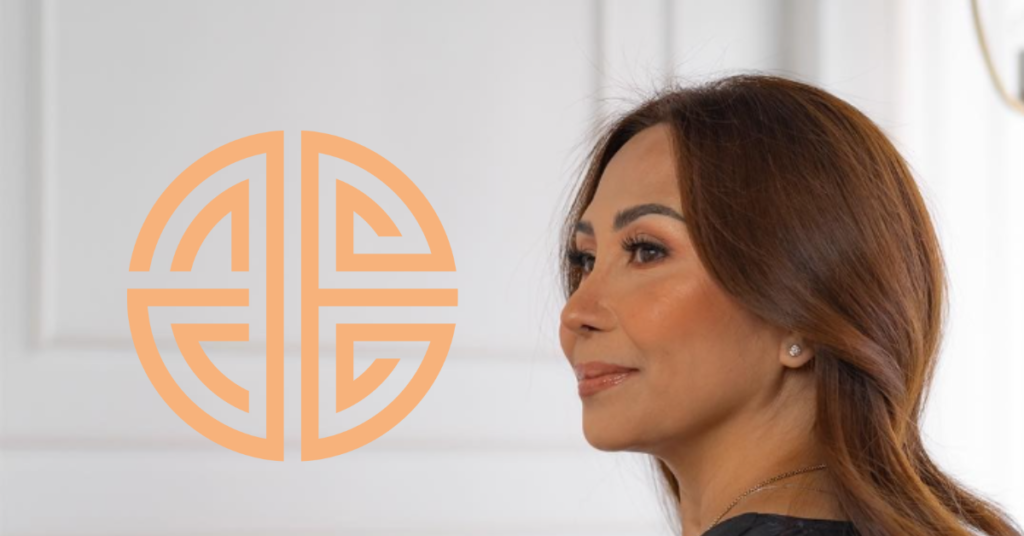 A woman with long brown hair in a black top is gazing to the right, embodying kindness. An orange geometric design reminiscent of Feng Shui principles graces the foreground.