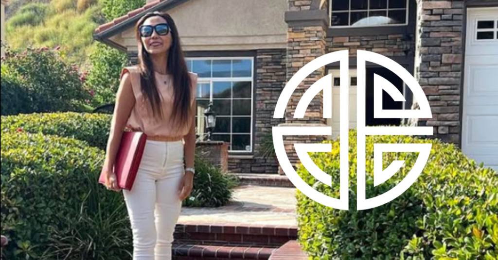 A woman in sunglasses and casual attire stands in front of a house, holding a red book, pondering her destiny with insights drawn from Bazi.