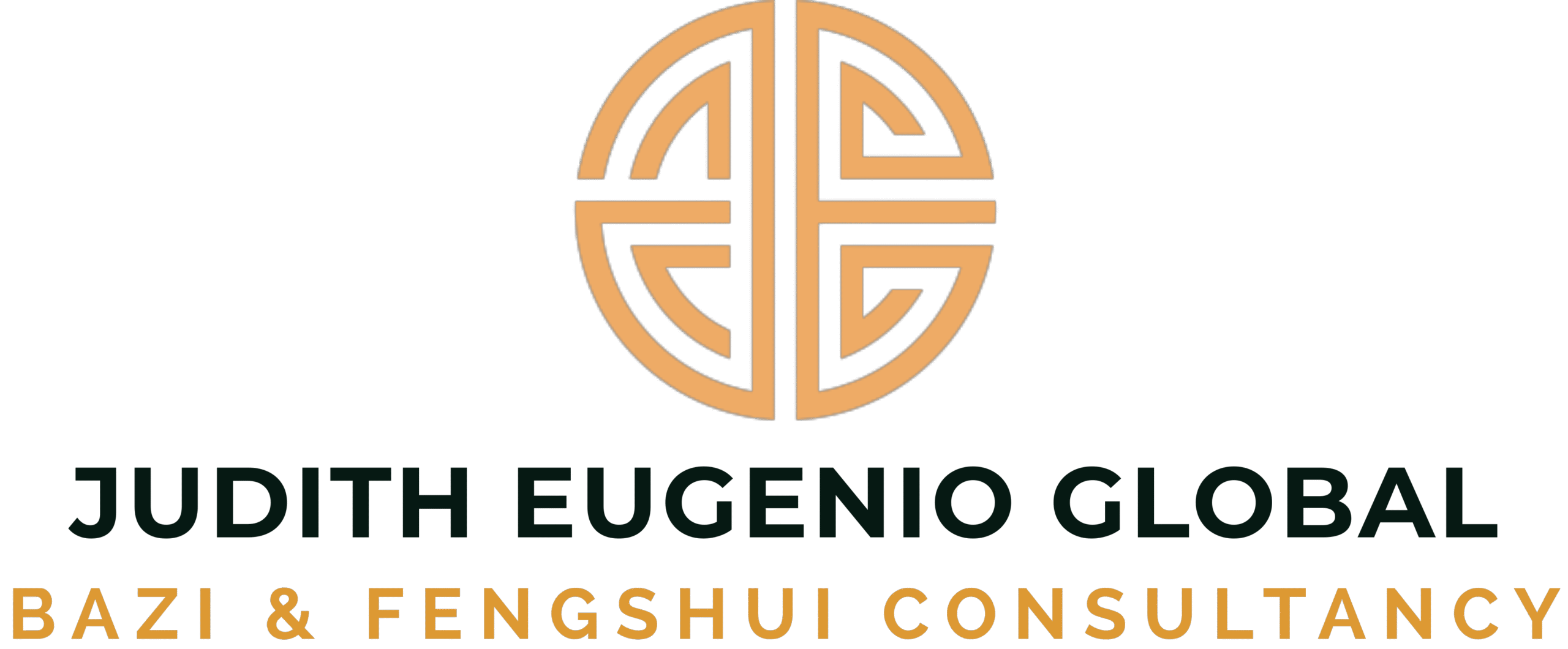 A circular geometric gold logo above the text "Judith Eugenio Global Bazi & Fengshui Consultancy" in green and gold capital letters on a transparent background.