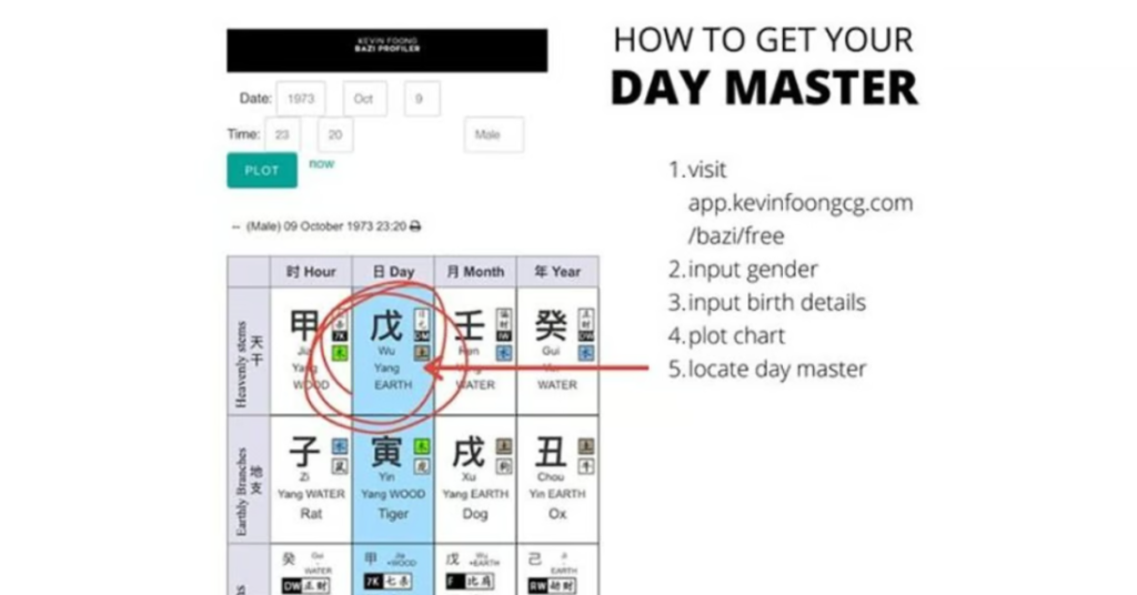 A screenshot of instructions to find a "Day Master" using an online tool, with a sample chart showing elements and Chinese characters for a specific date.