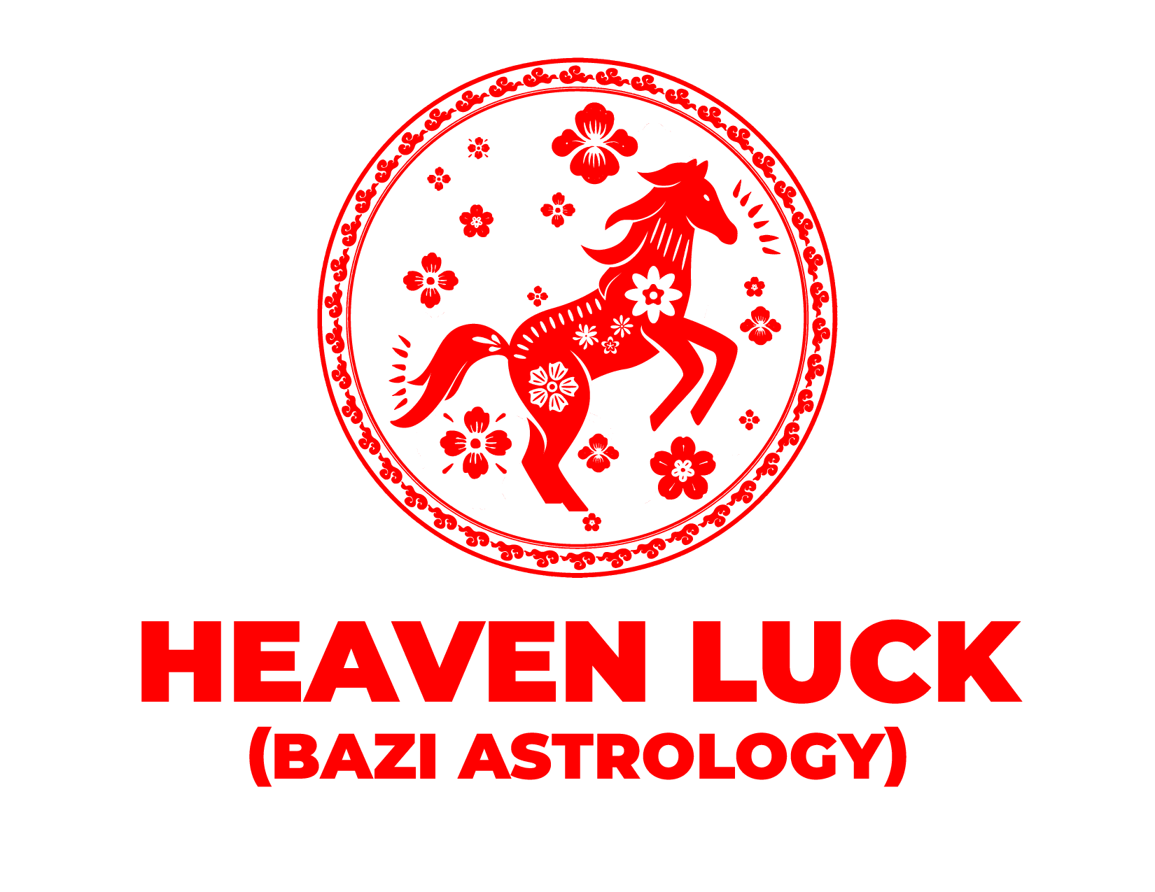 A red decorative horse surrounded by floral patterns inside a circular border, with the text "HEAVEN LUCK (BAZI ASTROLOGY)" in bold red letters below, symbolizing spiritual guidance and bazi analysis.